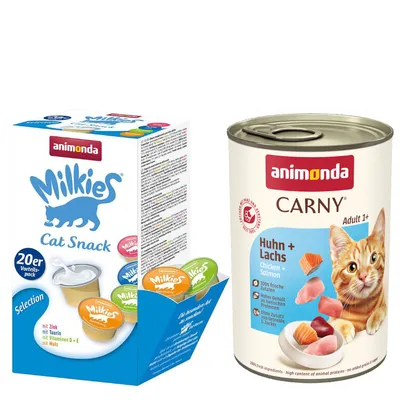 animonda mix balenie: 12 x 400 g Carny Adult + 20 x 15 g Milkies Selection - kuracie a losos + Milkies Snack (4 druhy)