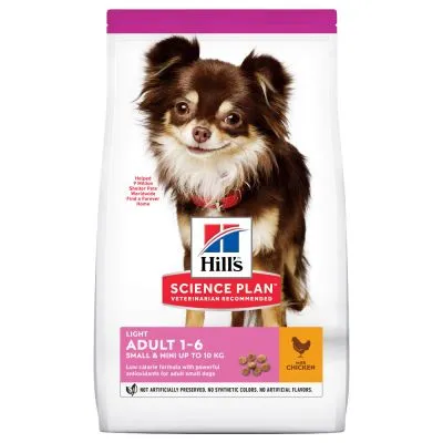 Hill's Science Plan Light Adult 1–6 Small & Mini up to 10 kg, kuře. Suché krmivo pro dospělé malé psy. Text: No artificial preservatives, colors or flavors.