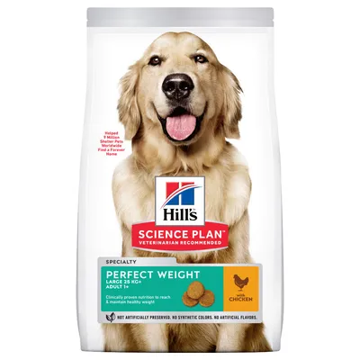 Sac Hill's Science Plan Perfect Weight Large 25 kg+ Adult T+, poulet, croquettes pour chien. Texte visible : 'Not artificially preserved. No synthetic colors. No artificial flavors.'