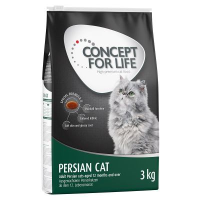 Karma Concept for Life Persian Cat, 3 kg. Widoczny opis: dla dorosłych kotów perskich od 12 miesięcy, specjalna formuła, funkcja odkłaczania, chrupki, miękka skóra i lśniąca sierść.