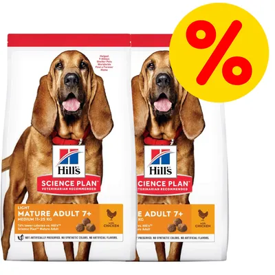 Hill's Science Plan Light Mature Adult 7+ Medium 11–25 kg koiranruokaa kanalla, kaksi pakkausta, tarjousmerkki oikeassa yläkulmassa Hill's Science Plan Light Mature Adult 7+ Medium 11–25 kg koiranruokaa kanalla, kaksi pakkausta, tarjousmerkki oikeassa yläkulmassa
