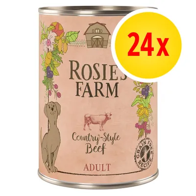 Rosies Farm Country-Style Beef, adult, grain free recipe. 24 pack indicated in yellow circle.