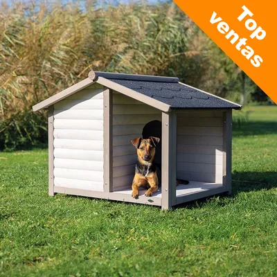 Caseta de madera para perro en jardín, techo a dos aguas y suelo elevado. Esquina superior derecha con texto: Top ventas.