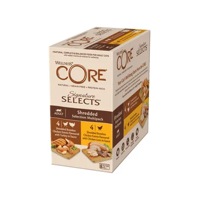 Shredded Selection Multipack with 4 shredded boneless chicken entrée with turkey in sauce and 4 shredded boneless chicken entrée with chicken liver in sauce, 8 cans total.