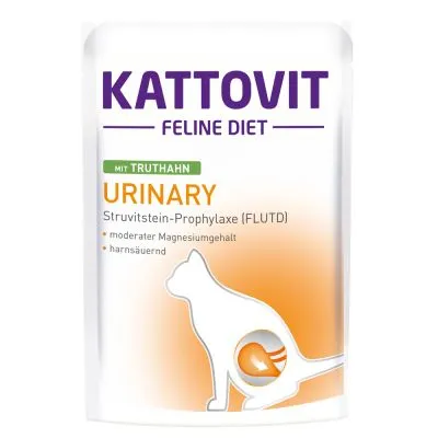 KATTOVIT FELINE DIET mit Truthahn URINARY Struvitstein-Prophylaxe (FLUTD), moderater Magnesiumgehalt, harnsäuernd. Opakoweanie z sylwetką kota.