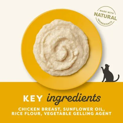 Testo in inglese: Key ingredients. Chicken breast, sunflower oil, rice flour, vegetable gelling agent. Made with natural ingredients.