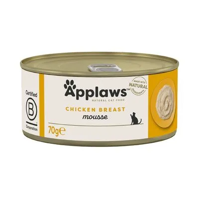 Applaws Natural Cat Food, Chicken Breast Mousse, 70g. Certified B Corporation. Made with natural ingredients. Blik met afbeelding van mousse op het etiket.