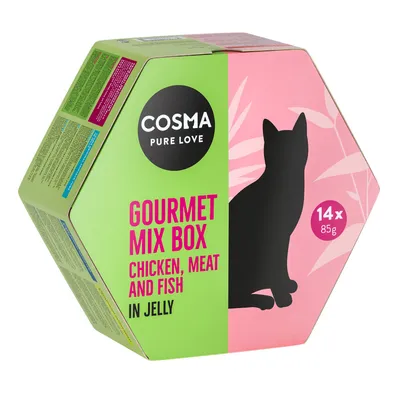 COSMA PURE LOVE Gourmet Mix Box, 14 x 85 g. Kana, liha ja kala hyytelössä. Pakkauskuvassa musta kissan siluetti ja tuotetiedot englanniksi.