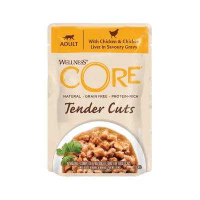 Pouch labelled Tender Cuts, natural, grain free, protein-rich food with chicken and chicken liver in savoury gravy for adult cats. Complete and balanced with added vitamins and minerals.
