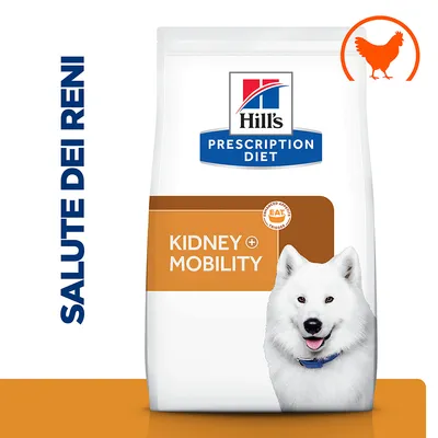 Hill's Prescription Diet Kidney + Mobility, confezione con cane bianco, scritta SALUTE DEI RENI e simbolo arancione di pollo in alto a destra.