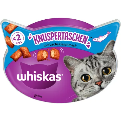 Whiskas Knuspertaschen lohen maku, alle 2 kcal per pala. Pakkaus kissanpään muotoinen, kuvassa harmaa kissa ja välipalakuvia.