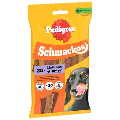 Pedigree Schmackos x20 Multi Mix, weniger als 30 kcal pro Stück, mit Omega 6 und Vitamin E.