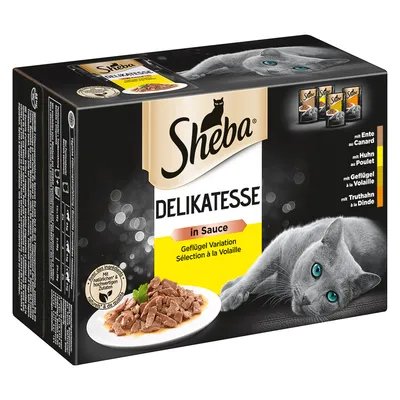 Опаковка Sheba DELIKATESSE in Sauce, Geflügel Variation. Изображение на сива котка и чиния с парчета месо в сос. Видими текстове на немски и френски език.