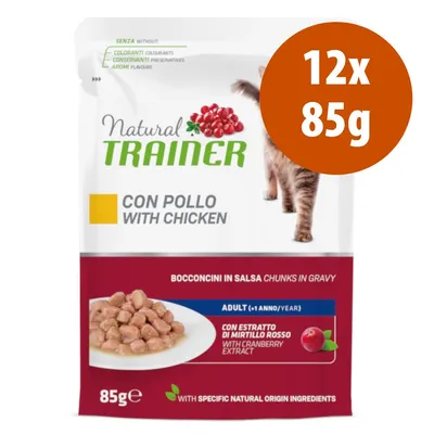 Natural Trainer con pollo, bocconcini in salsa per gatti adulti, con estratto di mirtillo rosso, 12x85g. Senza coloranti, conservanti, aromi. Con ingredienti di origine naturale.