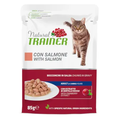Natural Trainer kattmat med lax, bitar i sås, för vuxna katter från 1 år, med tranbärsextrakt, utan färgämnen, konserveringsmedel och aromer. Förpackningsstorlek: 85g.