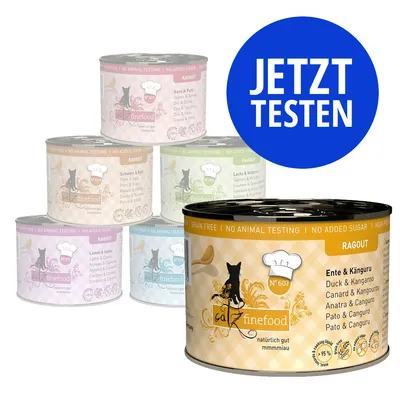 catz finefood Ragout Dosen mit Sorten wie Ente & Känguru, Lachs & Wildlachs, Schwein & Kalb. Hinweis: JETZT TESTEN.