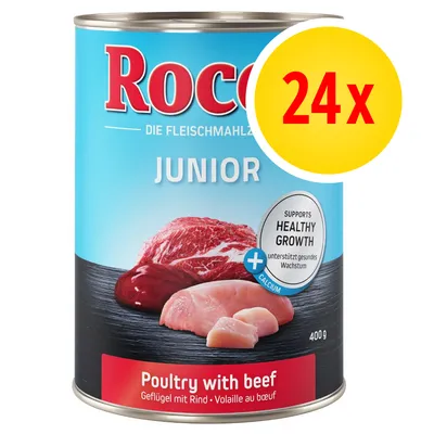 Pack of 24 cans, poultry with beef, junior formula, supports healthy growth with added calcium, 400g per can.