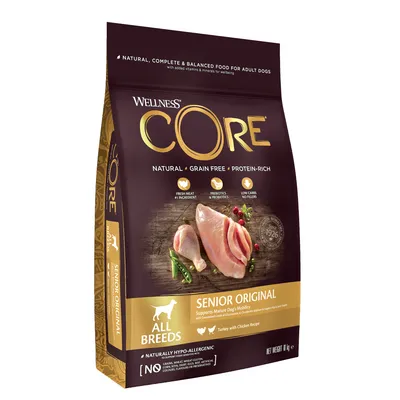 Bag labelled natural, grain free, protein-rich food for adult dogs. Features fresh meat as main ingredient, prebiotics and probiotics, low carbs, no fillers. Senior original, all breeds.