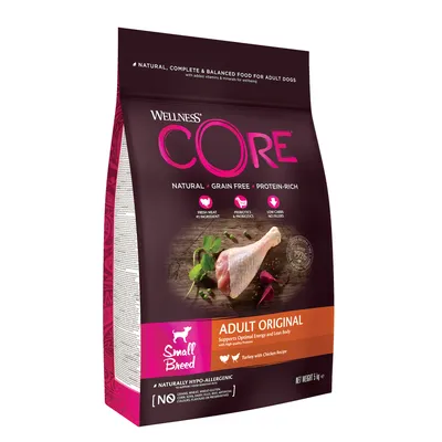 Wellness CORE Adult Original small breed dry food, natural, grain free, protein-rich, with fresh meat as main ingredient, prebiotics, low carbs, turkey with chicken recipe, 1.5kg bag.