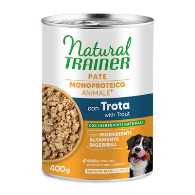 Natural Trainer, Animal Monoprotein Formula, Sensitive no gluten, con anatra et céréales complètes, Medium&Maxi >11 kg, Adult >12 mois, 400 g. Image d'une boîte avec morceaux de viande.