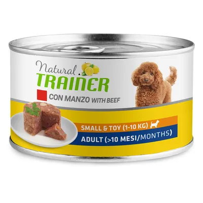 Natural Trainer Con Manzo cu carne de vită. Pentru câini mici (1-10 kg), adulți (>10 luni). Imagine: hrană pentru câini și câine mic maro.