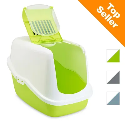 Zatvoreni WC za mačke, bijelo-zelene boje s prozirnim vratima. Oznaka 'Top Seller' u narančastom kutu. Prikazane tri dostupne boje: zelena, siva, plava.