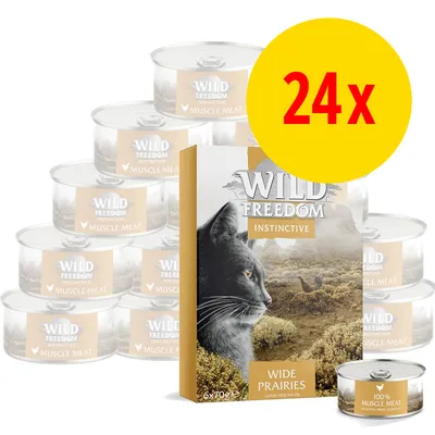 Wild Freedom Instinctive Wide Prairies kattemad, 24x dåser, tekst: 100% muscle meat, grain-free recipe, 6x70g. Billede af kat og natur på emballagen.