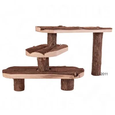 Wooden platform with three levels made of natural wood, suitable for small animals. Structure made of tree trunks and wooden boards.