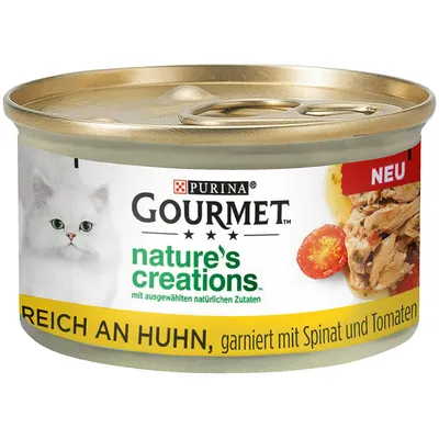 Purina Gourmet Nature's Creations, rik på kyckling, garnerad med spenat och tomater. Med utvalda naturliga ingredienser. Ny.
