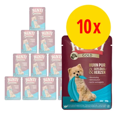 RINTI GOLD Huhn Pur & Geflügelherzen, 10 x 100 g poser med billede af lille hund og blå tørklæde. Tekst: feinstückig, fettreduziert, leicht verträglich.