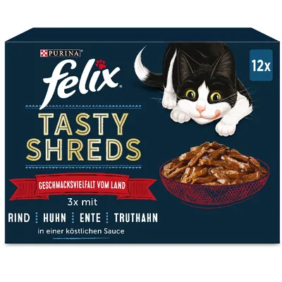 Purina Felix Tasty Shreds, výběr chutí z venkova. 12 porcí s hovězím, kuřetem, kachnou a krůtou v omáčce.