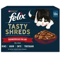 Purina Felix Tasty Shreds, разнообразие от вкусов от селото. 12 порции с говеждо, пиле, патица и пуйка в вкусен сос.