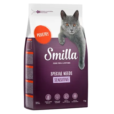 Smilla Special Needs Sensitive macskaeledel baromfival, gabonamentes, taurinnal, omega zsírsavakkal és Yucca Schidigerával. Visszazárható csomagolás, Made in Germany, 1 kg.