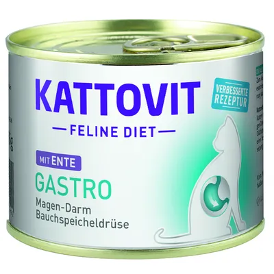 Lata de comida para gatos Kattovit Feline Diet Gastro mit Ente. Texto visible: Magen-Darm Bauchspeicheldrüse, verbesserte Rezeptur.