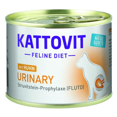 Kattovit Feline Diet Urinary mit Huhn, Struvitstein-Prophylaxe (FLUTD), NEUE SORTE text on tin with cat outline. Visible product and brand names included.
