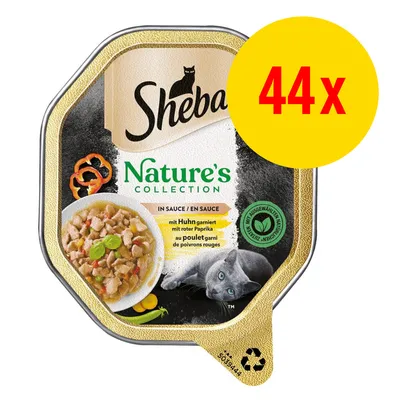 Sheba Nature's Collection in salsa, con pollo e peperoni rossi, confezione da 44. Testo visibile anche in tedesco e francese.