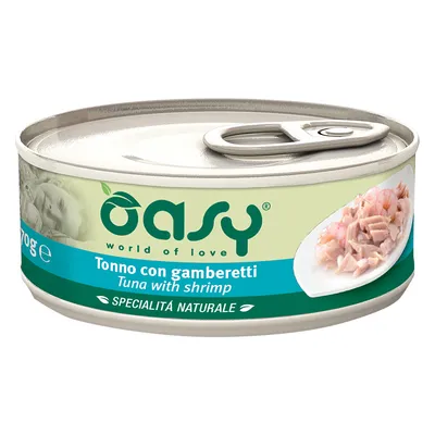 Консерва Oasy Tonno con gamberetti Tuna with shrimp, 70 г. На этикетке изображены кусочки тунца и креветок на тарелке. Видна надпись SPECIALITÀ NATURALE.
