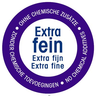 Extra fein, Extra fijn, Extra fine. Ohne chemische Zusätze, Zonder chemische toevoegingen, No chemical additives. Testo in tedesco, olandese e inglese.