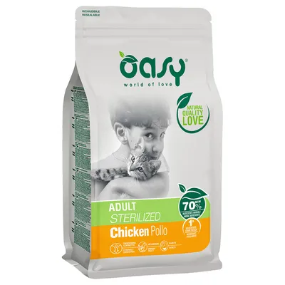 Oasy Adult Sterilized Chicken Pollo, 70% ingredienti animali, confezione richiudibile, Natural Quality Love, per gatti adulti sterilizzati. Oasy Adult Sterilized Chicken Pollo, 70% ingredienti animali, confezione richiudibile, Natural Quality Love, per gatti adulti sterilizzati.