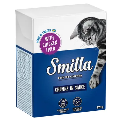 Smilla Chunks in Sauce, 370 g, made in Sweden with chicken liver. Recette sans céréales, contient de la taurine. Texte en anglais sur l'emballage.
