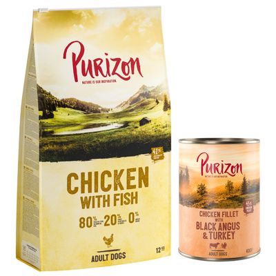 Purizon FISH Adult Dogs 80 % poisson, 20 % légumes, 0 % céréales, sac et boîte Chicken Fillet with Black Angus & Turkey 400 g, pastille verte Bi-nutrition visible.