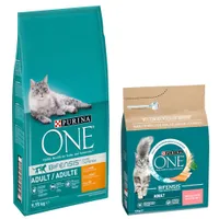 9,75 + 2,8 кг подарък! Purina ONE суха храна за котки (12,55 кг) - Adult с пилешко и пълнозърнести храни (9,75 кг) + Adult със сьомга и пълнозърнести храни (2,8 кг) подарък!