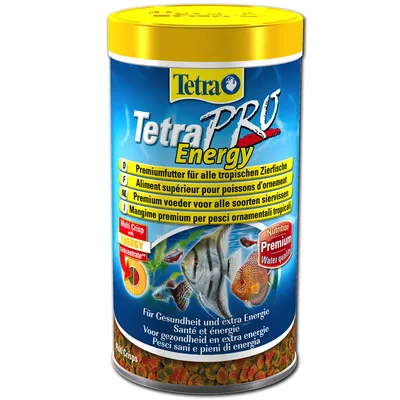 TetraPRO Energy, hrană premium pentru pești ornamentali tropicali, Multi Crisp cu Energy Concentrate, Nutrition Premium Water quality, imagine cu pești pe ambalaj.