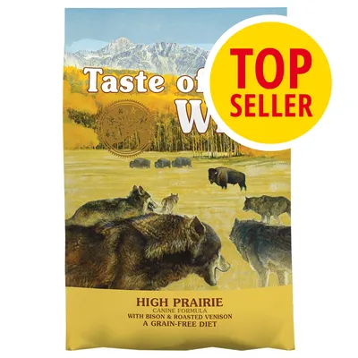 Taste of the Wild High Prairie Canine Formula con bisonte y venado asado, dieta sin cereales. Etiqueta amarilla: TOP SELLER.