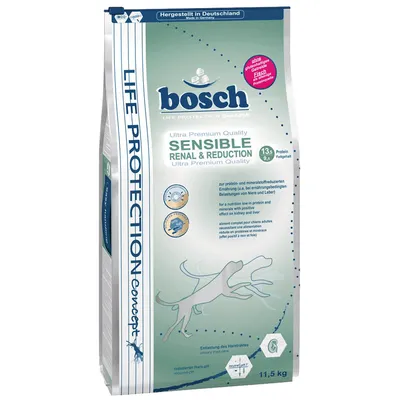 bosch Sensible Renal & Reduction, Ultra Premium Quality, 13,5 % białko, 9,5 % tłuszcz, masa netto 11,5 kg, wyprodukowane w Niemczech. Opakowanie karmy dla psów.
