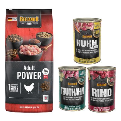 Belcando Adult Dinner, sac 15 kg et assortiment de 6 boîtes 400 g pour chien, texte visible : Pack gourmand. Emballages avec photo de chien et noms des variétés sur les boîtes.