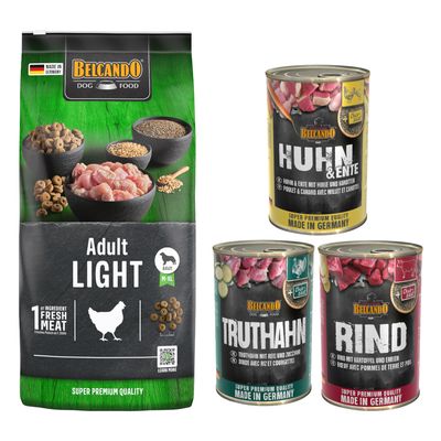Belcando Adult Dinner, sac 15 kg et assortiment de 6 boîtes 400 g pour chien, texte visible : Pack gourmand. Emballages avec photo de chien et noms des variétés sur les boîtes.