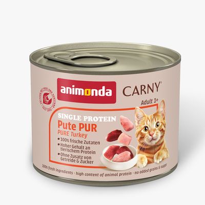 Animonda Carny Single Protein Adult, czysta indyk, z tauryną, 100% świeżych składników, bez zbóż, wyprodukowane w Niemczech.
