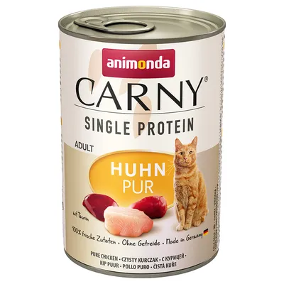 Animonda Carny Single Protein Adult Huhn Pur. Med taurin, 100% friske ingredienser, uden korn, Made in Germany. Vist: kødstykker og kat.
