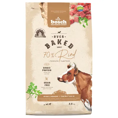 Bosch Oven Baked Adult, 70 % hovězí, domácí superpotraviny, single protein šťavnaté hovězí, receptura bez obilovin, od 1. roku života, 2,5 kg.